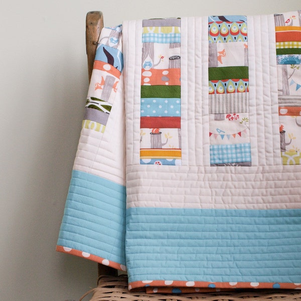 Organic Baby Quilt, WOODLAND CELEBRATION in Aqua and Tangerine, Made to Order Crib Quilt or Toddler Quilt by Organic Quilt Company