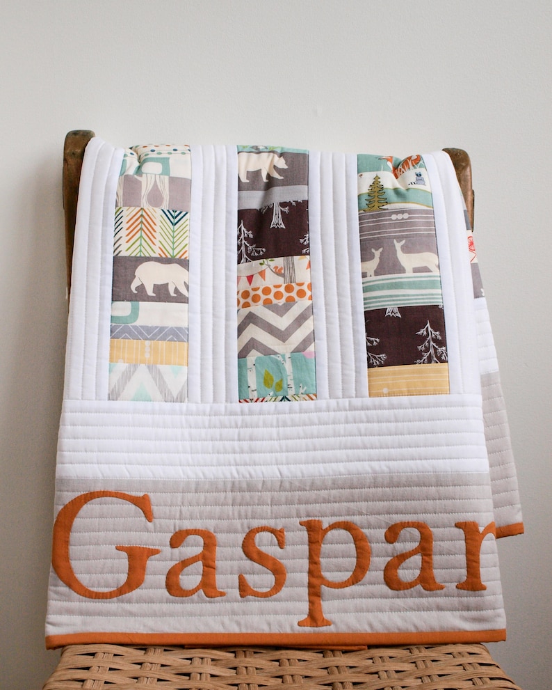 PATCHWORK STACKS Woodland Toddler Quilt; Custom Organic Baby Quilt; Modern Patchwork Crib Quilt; Gray Nursery Decor; Handmade New Baby Gift