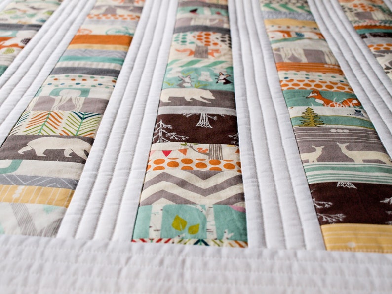 PATCHWORK STACKS Woodland Toddler Quilt; Custom Organic Baby Quilt; Modern Patchwork Crib Quilt; Gray Nursery Decor; Handmade New Baby Gift