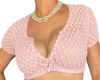 60s 70s Bubblegum Pink Handmade Crocheted Button Front Cropped Sweater Top (size small, medium)