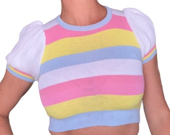 60s 70s Pastel Striped Knit Puffed Sleeved Cropped Sweater Top (size xs, small)