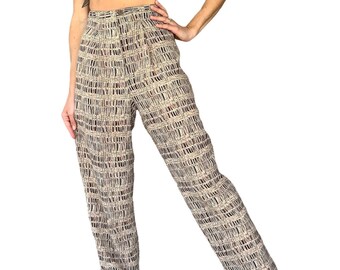80s 90s High Waisted Black and Brown Paint Strokes Abstract Print Pleated Trousers (size small, medium)