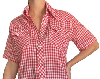 60s 70s Red and White Gingham Short Sleeved Western Pearl Snap Button Shirt (size medium)