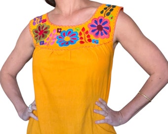 60s 70s Daisy Embroidered Marigold Woven Tank Top (size medium)