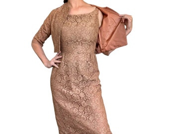 50s 60s Mocha Brown Lace Wiggle Dress and Matching Jacket Two Piece Set (size medium)