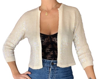 60s Iridescent Sequined Hand Knit Open Front Cardigan Sweater (size small, medium)