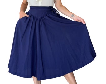 50s 60s Navy Blue High Waisted A Line Wrap Skirt with Pockets (size xs, small)