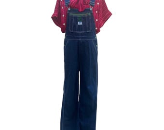 Puede incluir: Un maniquí exhibe un conjunto de dos piezas. El conjunto incluye un mono vaquero azul oscuro con costuras blancas y una blusa a rayas rojas con un lazo en el escote. La blusa tiene botones blancos y mangas cortas. El mono tiene un bolsillo delantero con una pequeña etiqueta.