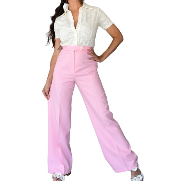 70s Bubblegum Pink High Waisted Flared Trousers (size 28, 29)