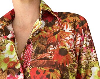 60s 70s Secret Garden Floral Novelty Print Long Sleeved Collared Blouse (size xl)