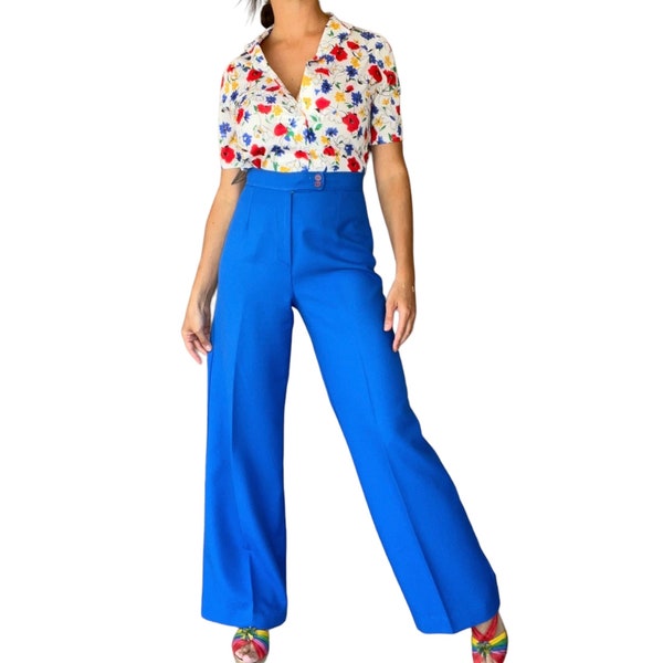 70s Royal Blue High Waisted Flared Trousers (size 28, 29)