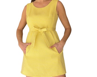 60s Yellow and White Checked belted Mini Dress with Pockets (size medium)