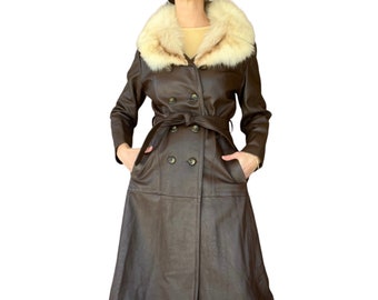 Vintage 60s 70s Chocolate Brown Leather Mid Length Trench Coat with Fur Collar (size small, medium)