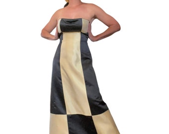 Y2K 90s Jessica McClintock Black and Champagne Color Blocked Satin Strapless A Line Evening Gown (size 4)