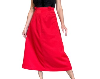 60s 70s Red High Waisted A Line Midi Skirt (size 27, 28)