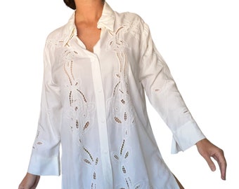 90s White Rayon Cut Out Embroidered Box Sleeved Button Down Collared Shirt (size large)