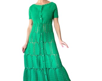 60s 70s Kelly Green Hand Crocheted Button Front A Line Maxi Dress (size small, medium)