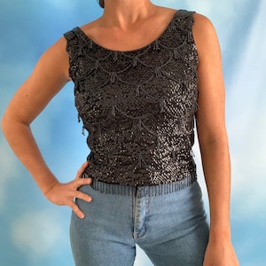 Vintage 50s 60s Heavily Sequined and Beaded Pure Black Wool Sweater Tank (size small, medium)