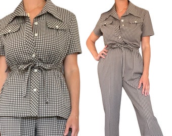 60s 70s Brown and White Gingham Two Piece Pant Suit (size large)