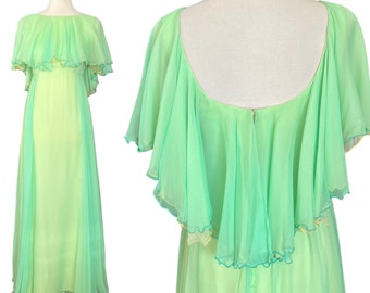 60s 70s Neon Green Chiffon Empire Waist Floor Length Gown (size XS, small)