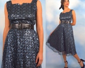 Vintage 50s 60s Metallic Blue and Black Lace New Look Party Dress (size small)