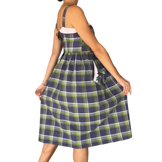 50s 60s Navy and Green Plaid Button Back Sun Dres… - image 3