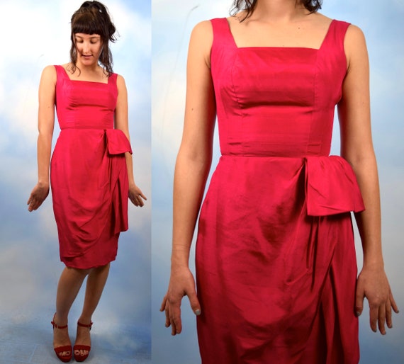 Vintage 60s Raspberry Red Silk Sarong Wiggle Dress