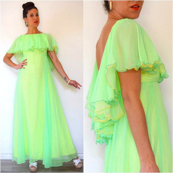 Items similar to Vintage 60s 70s Neon Green and Yellow Chiffon Scoop ...