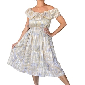 70s 80s Abstract Cloud Print Chiffon Ruffled Off the Shoulder A Line Midi Dress (size small, medium)