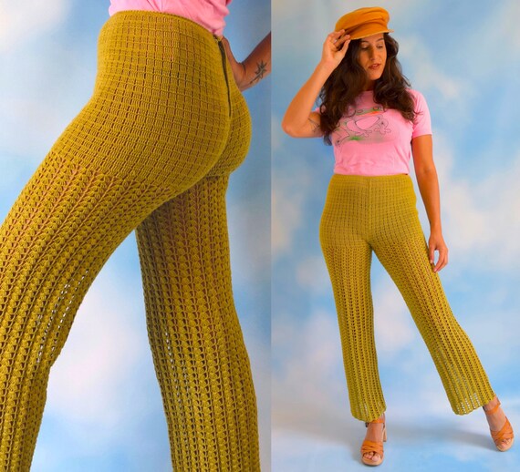 Vintage 60s 70s Avocado Green Crocheted High Waist