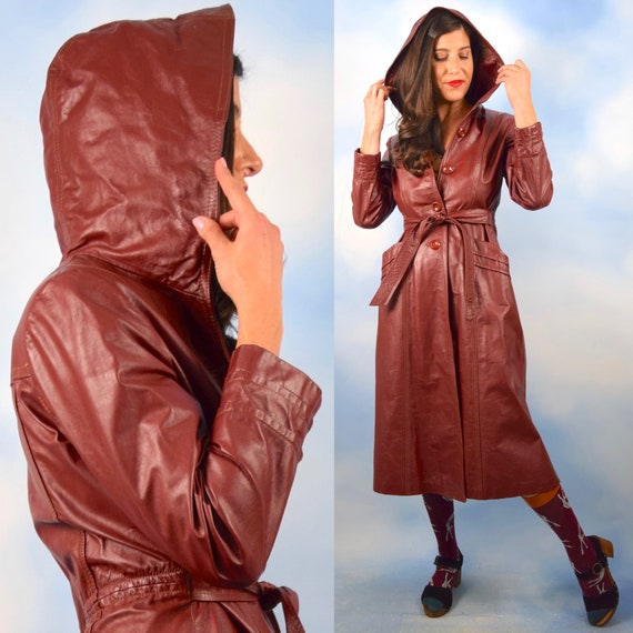 Vintage 70s Oxblood Leather Hooded Belted Trench C