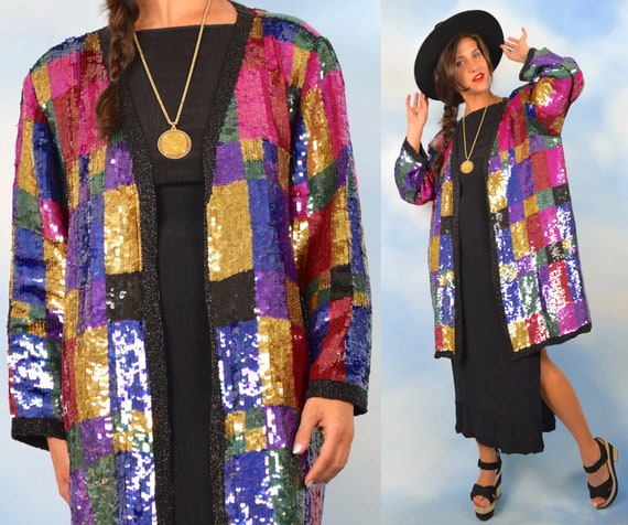 Vintage 80s 90s Rainbow Checkered Sequined and Bea