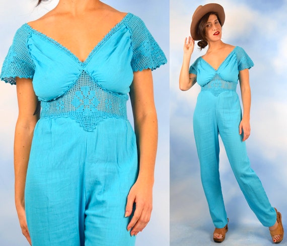 Vintage 70s Turquoise Blue Cotton Gauze Jumpsuit w
