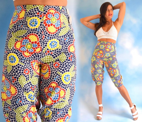 Vintage 60s High Waisted Mosaic Rainbow Daisy Prin