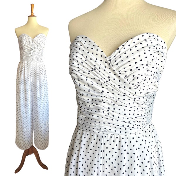 Vintage 70s Black & White Polka-dot CONNECTIONS Polyester Palazzo Pant Jumpsuit
