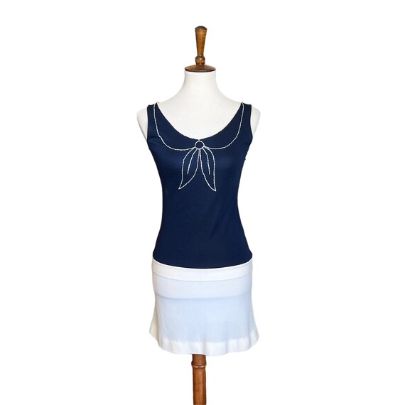 60s Navy and White Trompe L’Oeil Embroidered Mini… - image 2