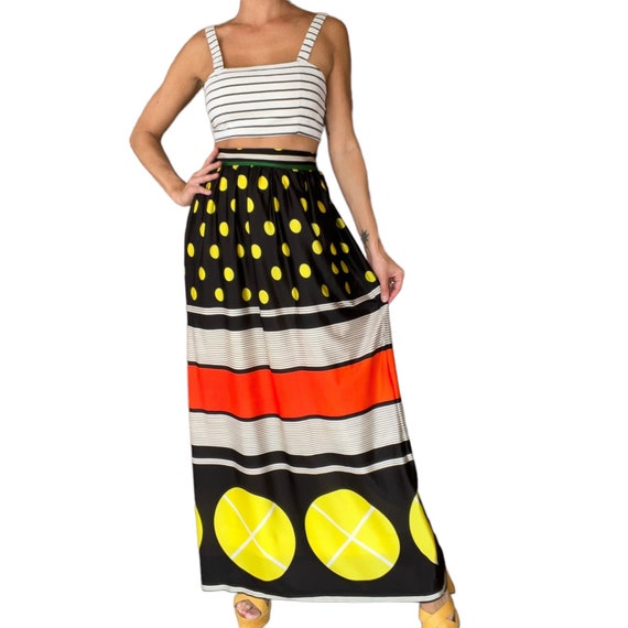 60s 70s High Waisted Polka Dot Striped A Line Maxi Skirt (size xs