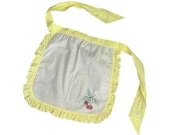 60s Yellow Ruffled Linen Apron with Chain Stitched Embroidered Cherry