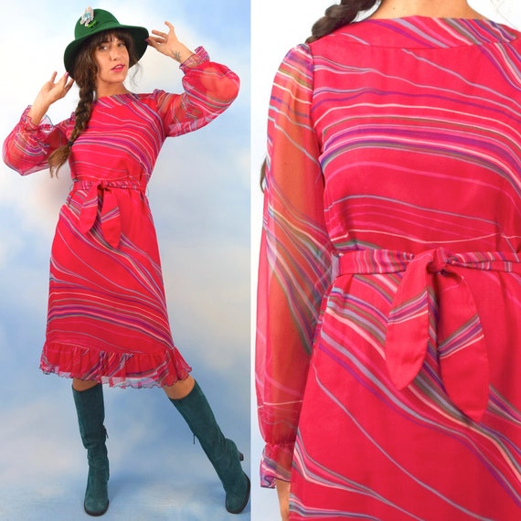 Vintage 60s 70s Hot Pink Psychedelic Striped Long