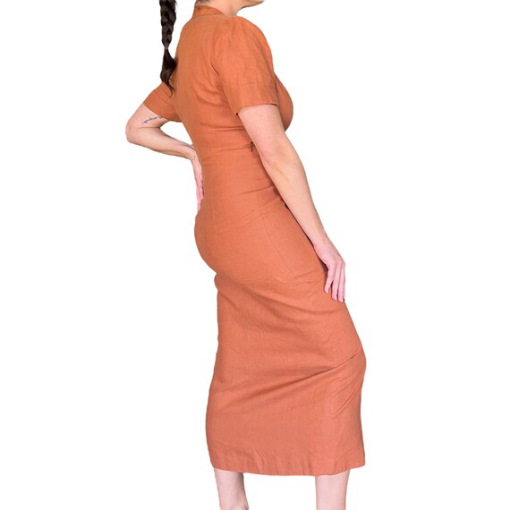 90s Rust Orange Linen Button Front Midi Shirt Dre… - image 3