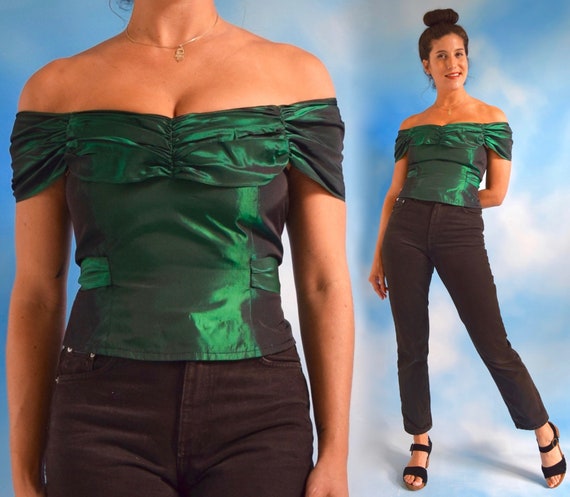 Vintage 80s 90s Iridescent Beetle Green Taffeta Of