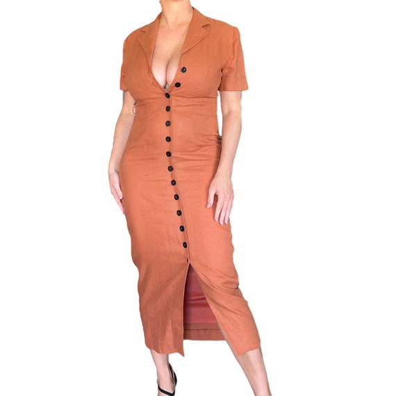 90s Rust Orange Linen Button Front Midi Shirt Dre… - image 2