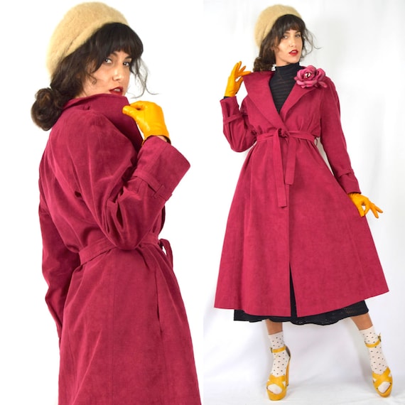 Vintage 70s Raspberry Red Faux Suede Trench Coat (