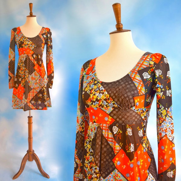 Vintage 70s Patchwork Print Empire Waist Tie Back Mini Dress with Matching Scrunchie (size xs)