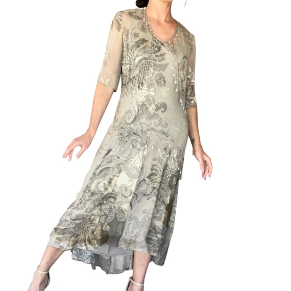 Art Deco Beaded Velvet Midi Dress with Cover Up, … - image 1