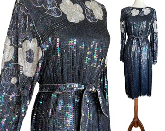 Vintage 80s 90s STUNNING Art Deco Inspired Swee Lo Heavily Beaded and Sequined Black and Silver Belted Sheath Dress (size small, medium)