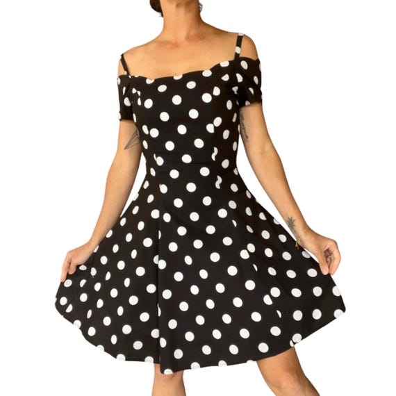black and white polka dot fit and flare dress Zapakasa Women Black and White Satin Maxi Polka Dot Dress with Slit Puff  Sleeves Off the Shoulder A Line Boho Summer Dress main image 1