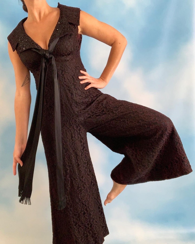 size small 60s Black Lace Palazzo Pant Jumpsuit with Fringe Trimmed Satin Neck Sash