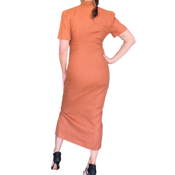 90s Rust Orange Linen Button Front Midi Shirt Dre… - image 4