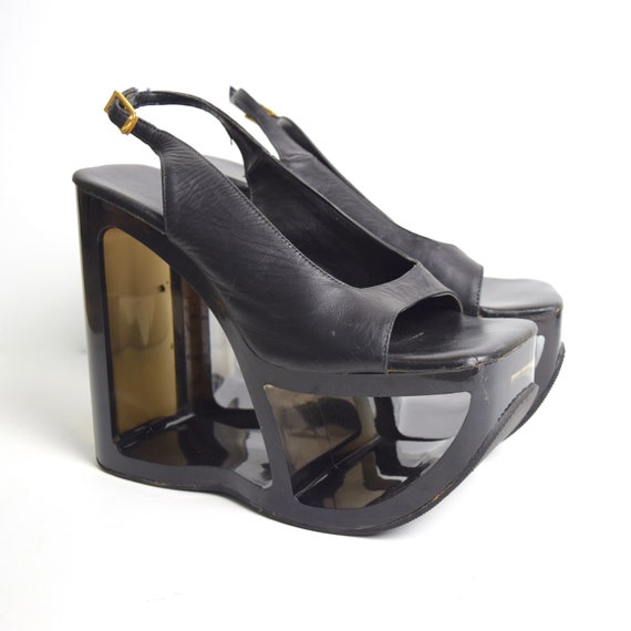 Vintage 70s Smokey Black Lucite and Black Leather